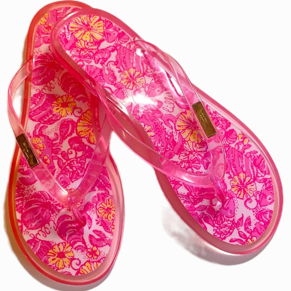 LILLY PULITZER SHELLY JELLY CHUM BUCKET PRINT PINK FLIP FLOPS SIZE 7